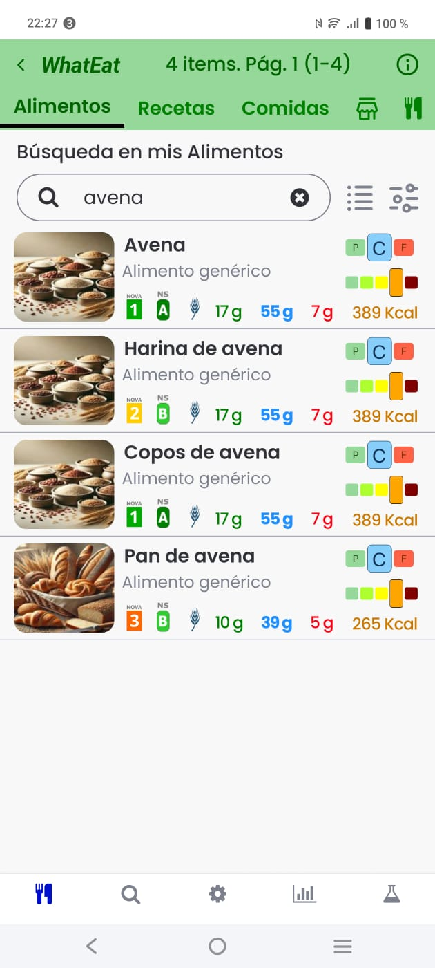 Pantalla de registro de comidas de WhatEat